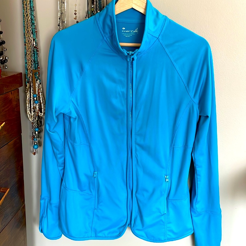 Athletic jacket, size M, zip front, turquoise blue. Easy care.